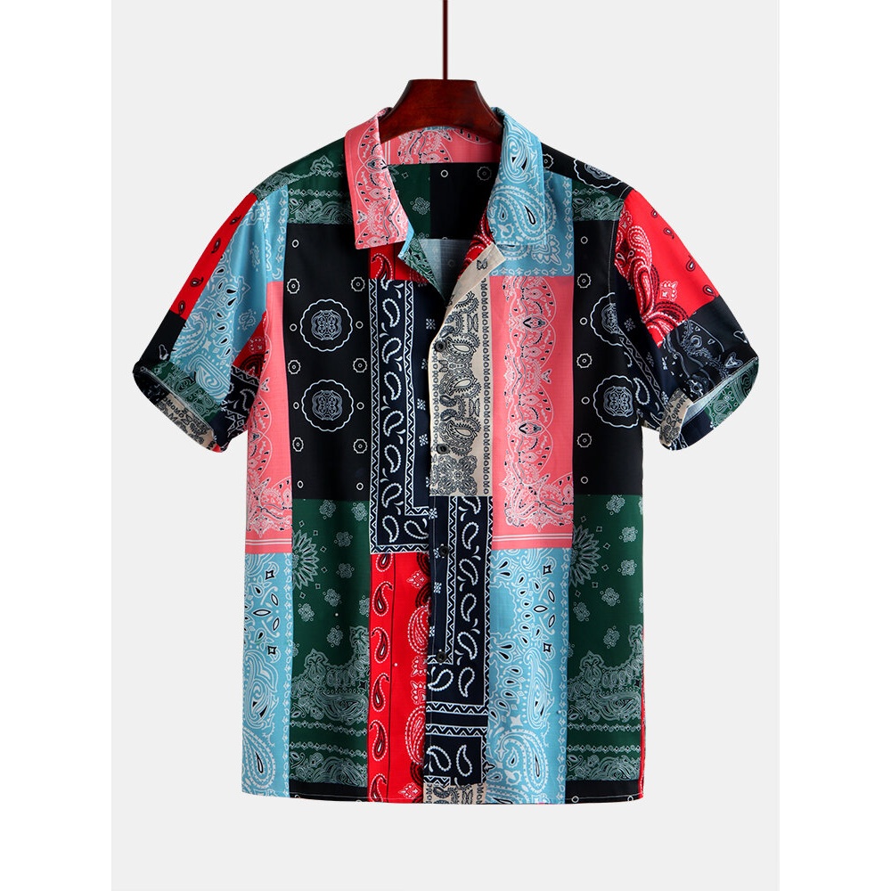 Men Colorful Bandana Print Short Sleeve Revere Shirts - S Red