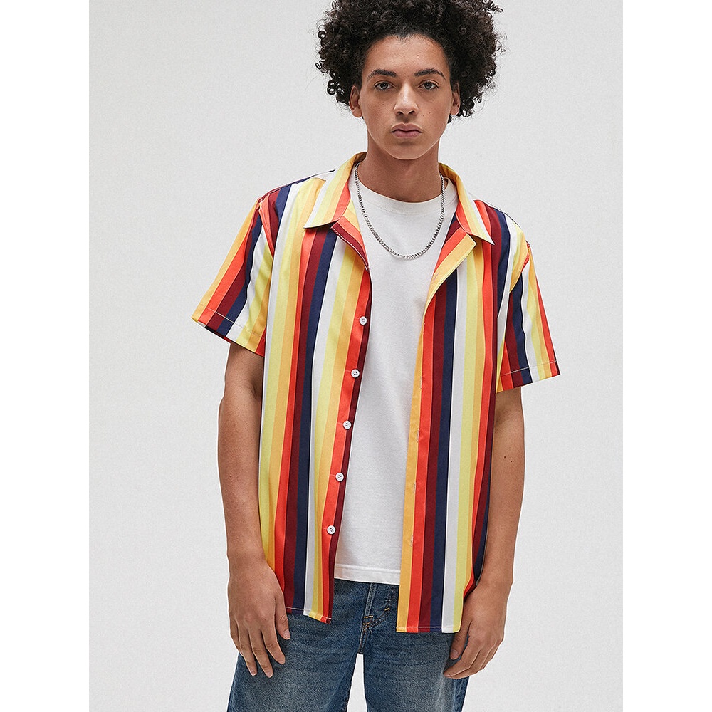 Mens Holiday Colorful Striped Casual Turn-down Collar Shirts - M #01