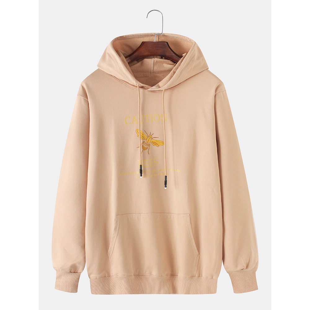 Cotton Mens Bee Pattern Letter Print Drawstring Hoodies With Kangaroo Pocket - Black XL