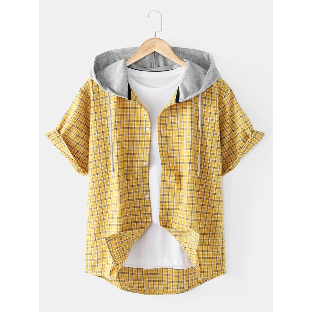 Mens Grid Plaid Short Sleeve Casual Contrast Hooded Shirts - Yellow S