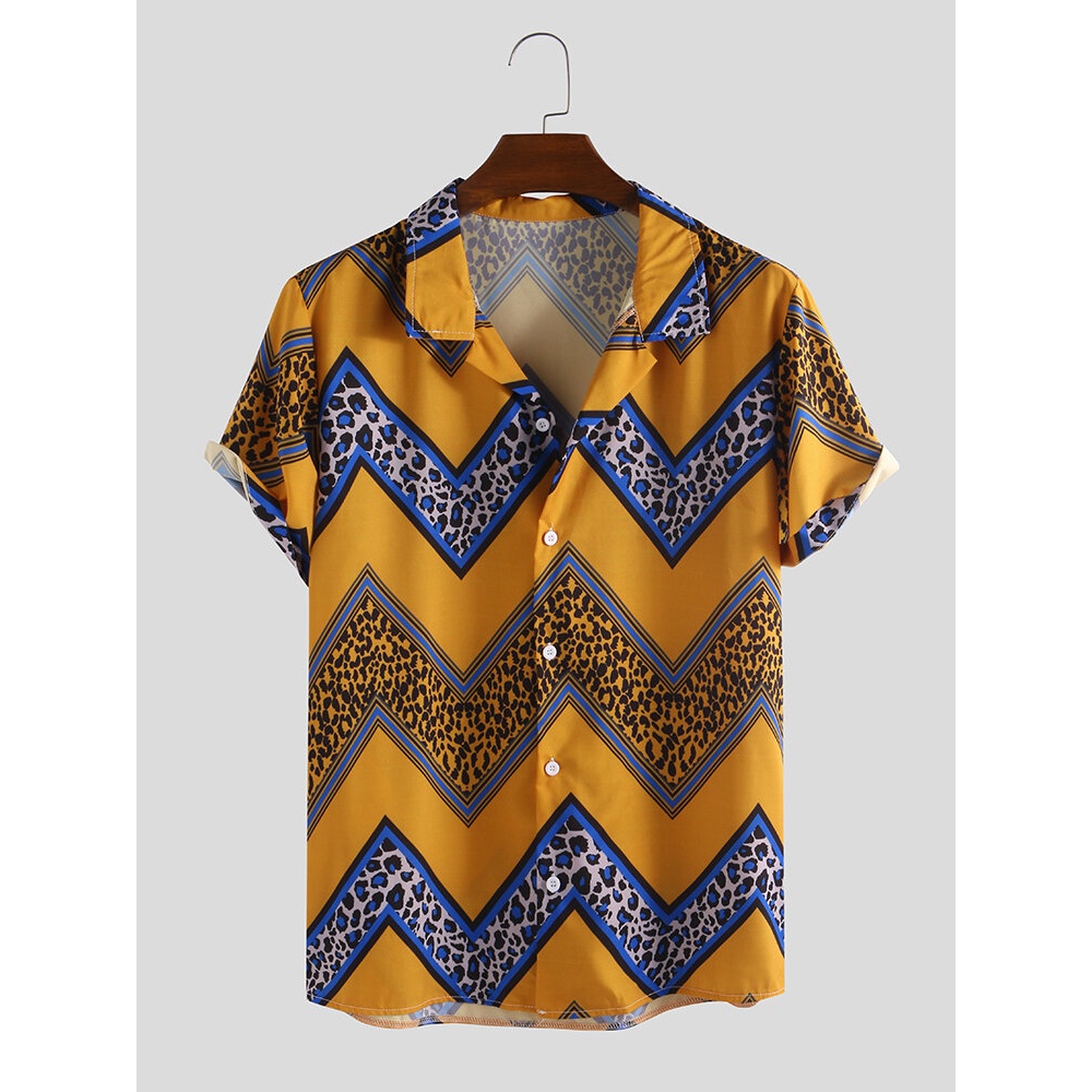 Mens Ethnic Wave Stripe Printed Loose Comfy Casual Shirts - M Yellow