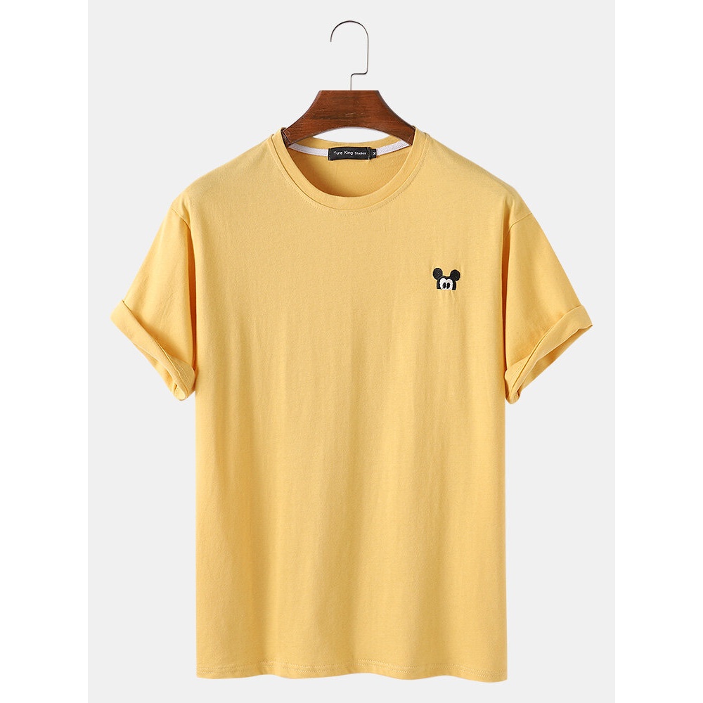 Mens Cotton Cartoon Rat Plain Breathable Loose Casual O-Neck T-Shirts - White L