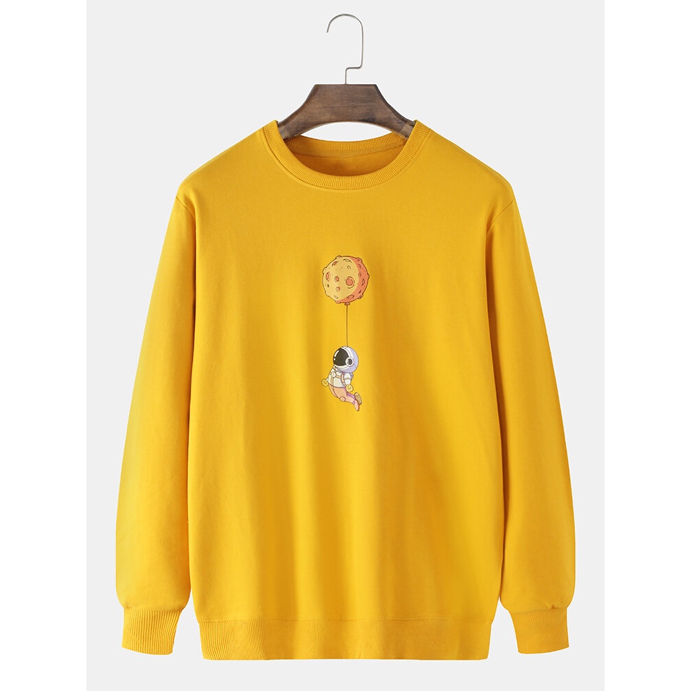 Mens Cartoon Astronaut Print Cotton Crew Neck Casual Sweatshirts - Black S