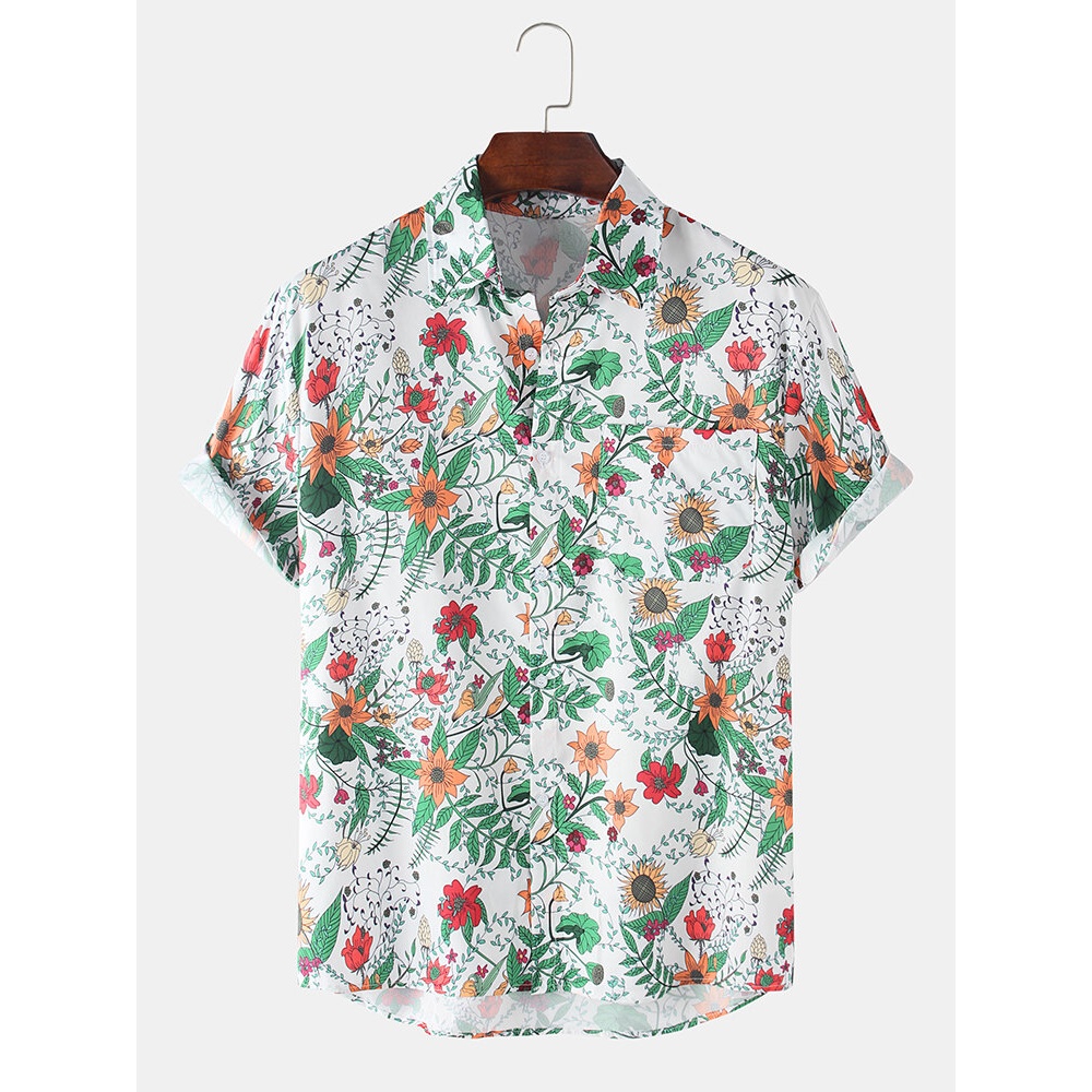 Mens Plant Lapel Collar Hawaii Casual Short Sleeve Shirts With Pocket - White M