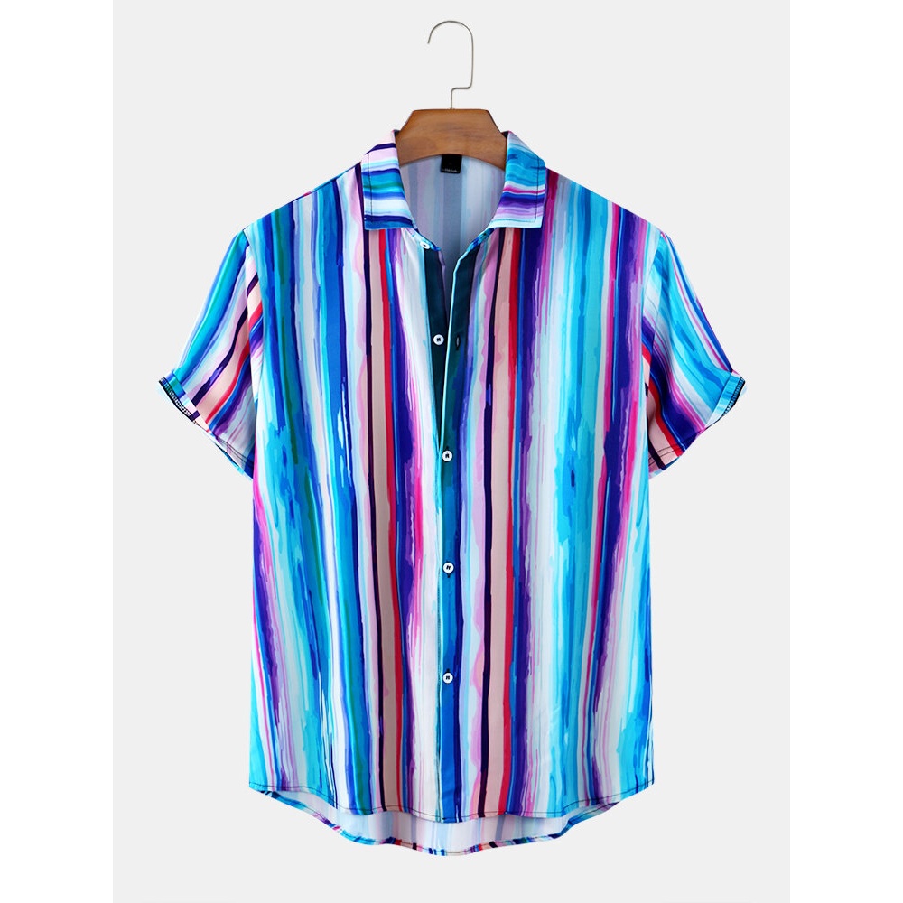 Multicolor Vertical Stripes Mens Lapel Collar Casual Mens Short Sleeve Shirts - Brown L