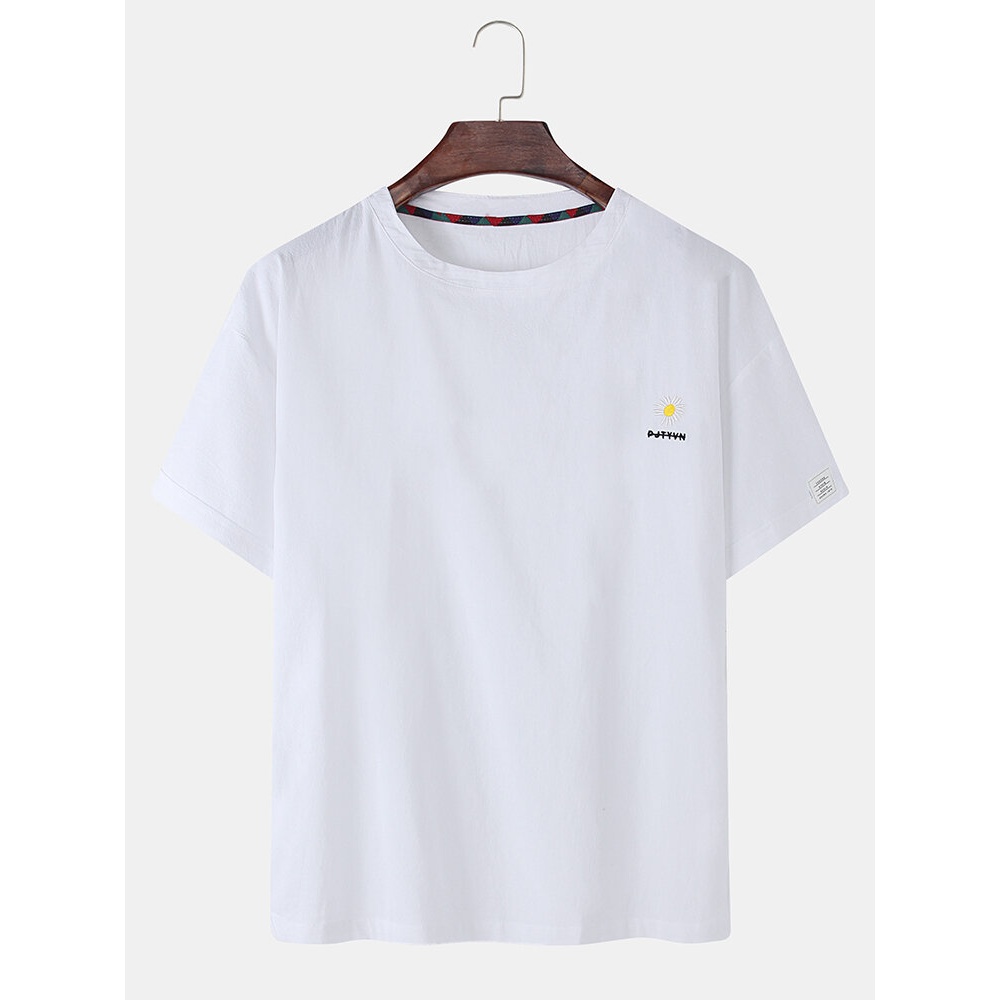 Daisy Embroidery Cotton Breathable Short Sleeve T-Shirts - Black M