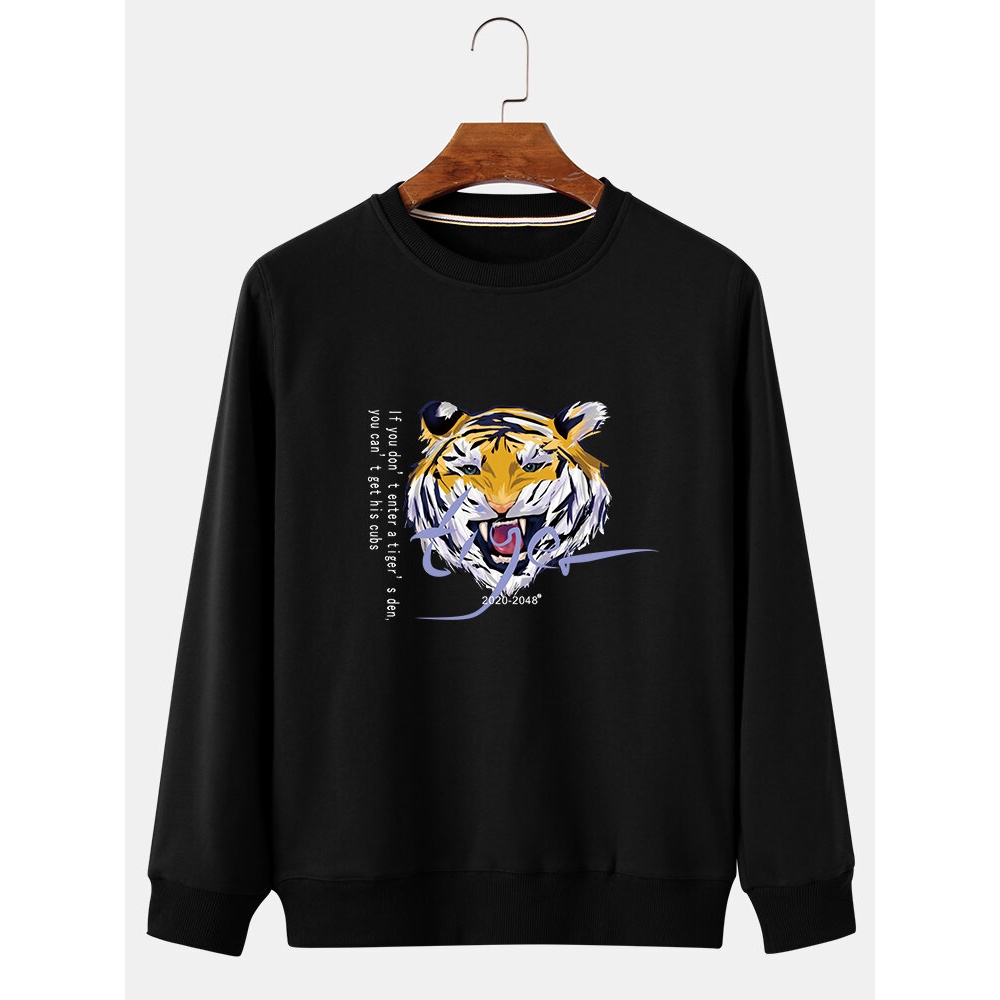 Mens Letter Tiger Chest Print Cotton Relaxed Fit Daily Crew Neck Pullover Sweatshirts - Black S