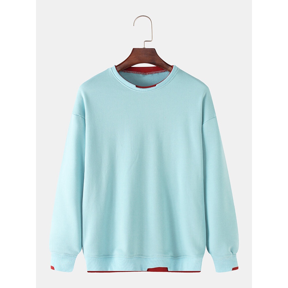 Mens Cotton Solid Color Patchwork Round Neck Pullover Long Sleeve Sweatshirts - Black XL