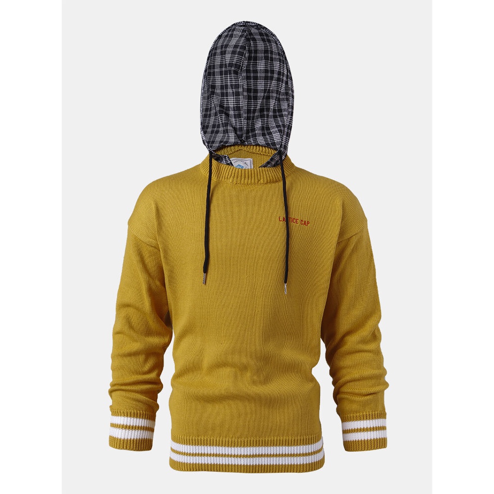 Mens Patchwork Casual Knitted Drawstring Plaid Hooded Sweater - Yellow S