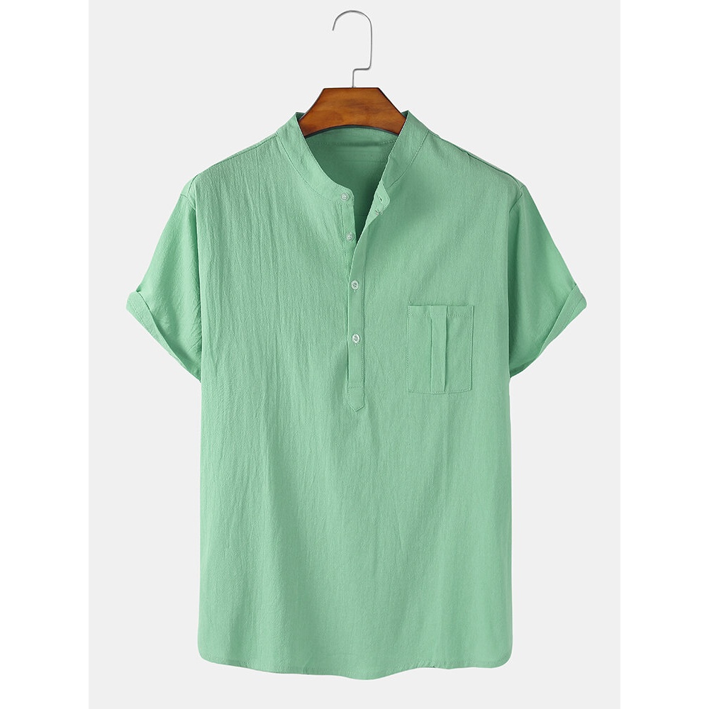Mens Solid Color Cotton Linen Casual Short Sleeve Henley Shirts With Pocket - White 3XL
