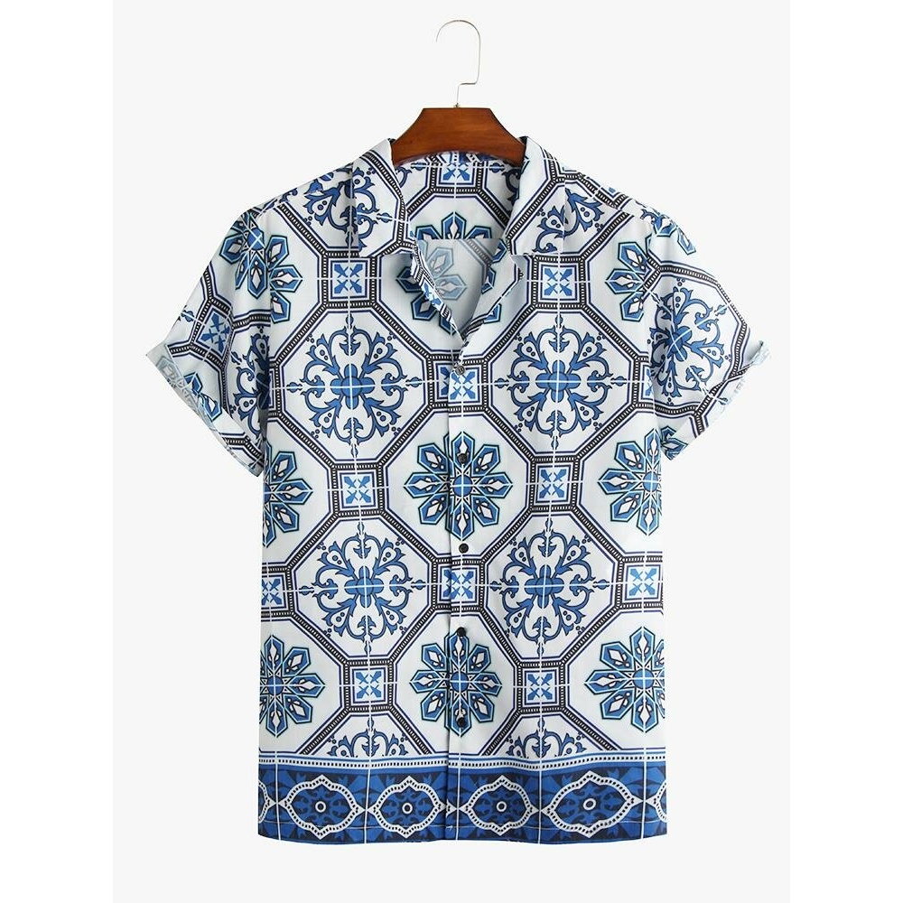Men Porcelain Shape Printed Short Sleeve Casual Shirts - XL #1