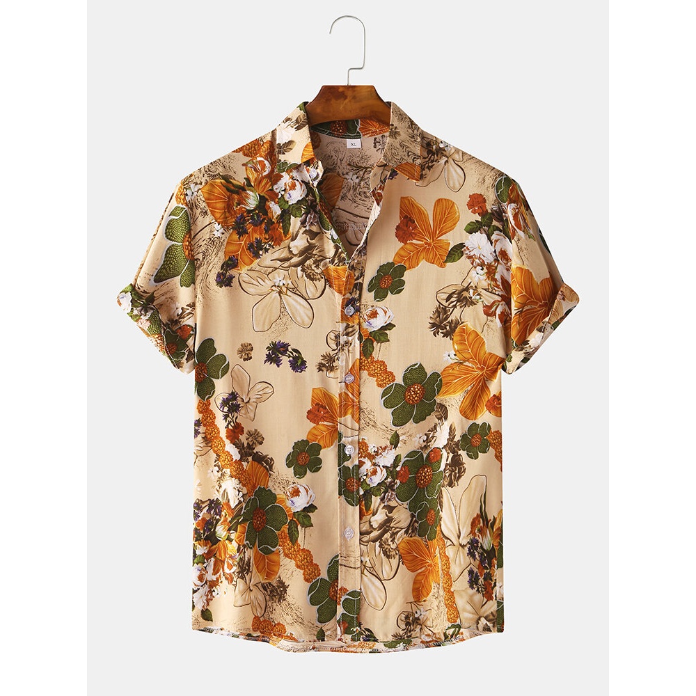 Mens Cotton Floral Oil Printing Turn Down Collar Short Sleeve Shirts - Yellow S