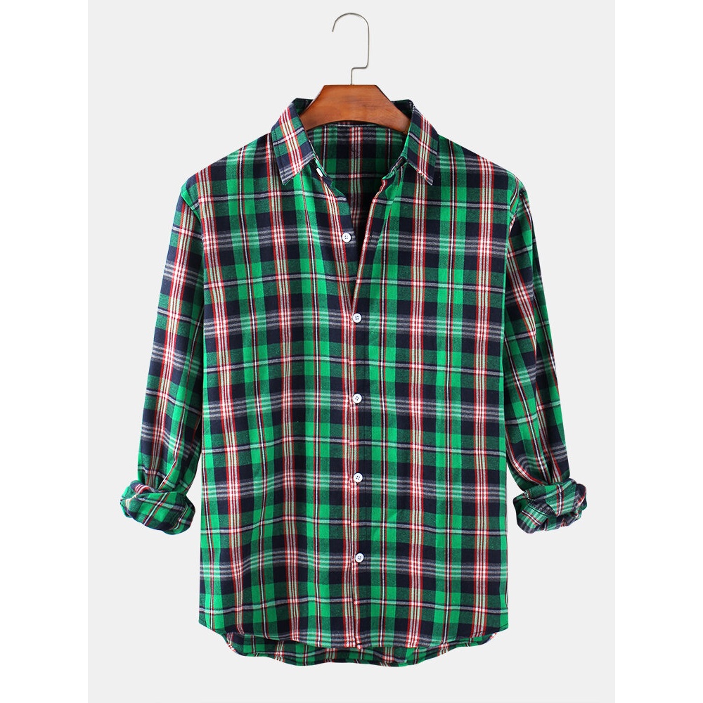 Mens Plaid Print Lapel Collar Long Sleeve Casual Shirts - Red S