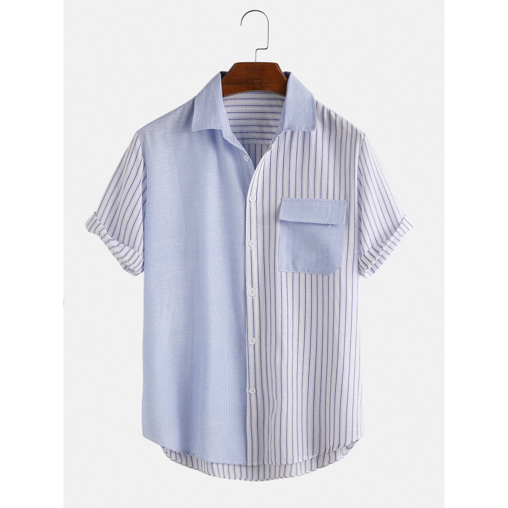 Mens 100% Cotton Patchwork Striped Turn Down Collar Short Sleeve Shirts - Black M