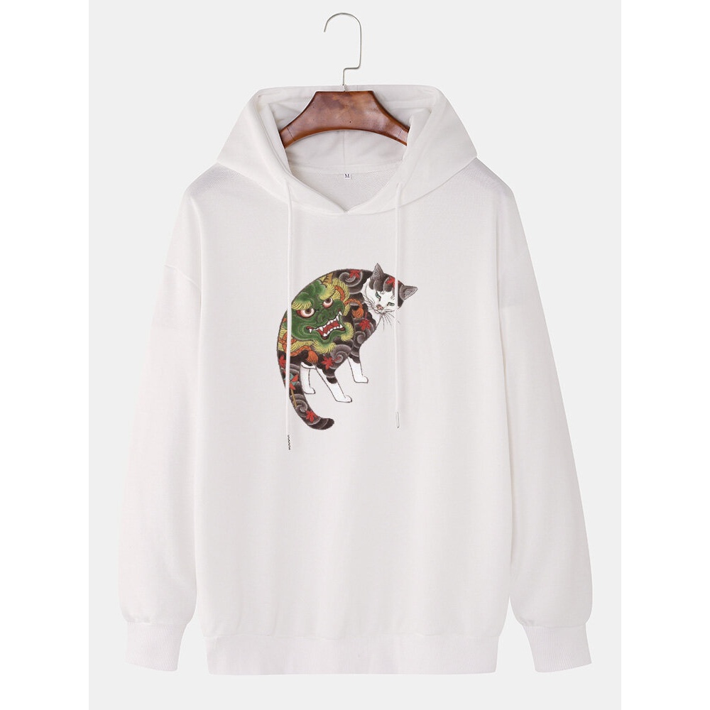 Mens Cat Graphic Printed Cotton Drop Sleeve Casual Drawstring Hoodies - Black M