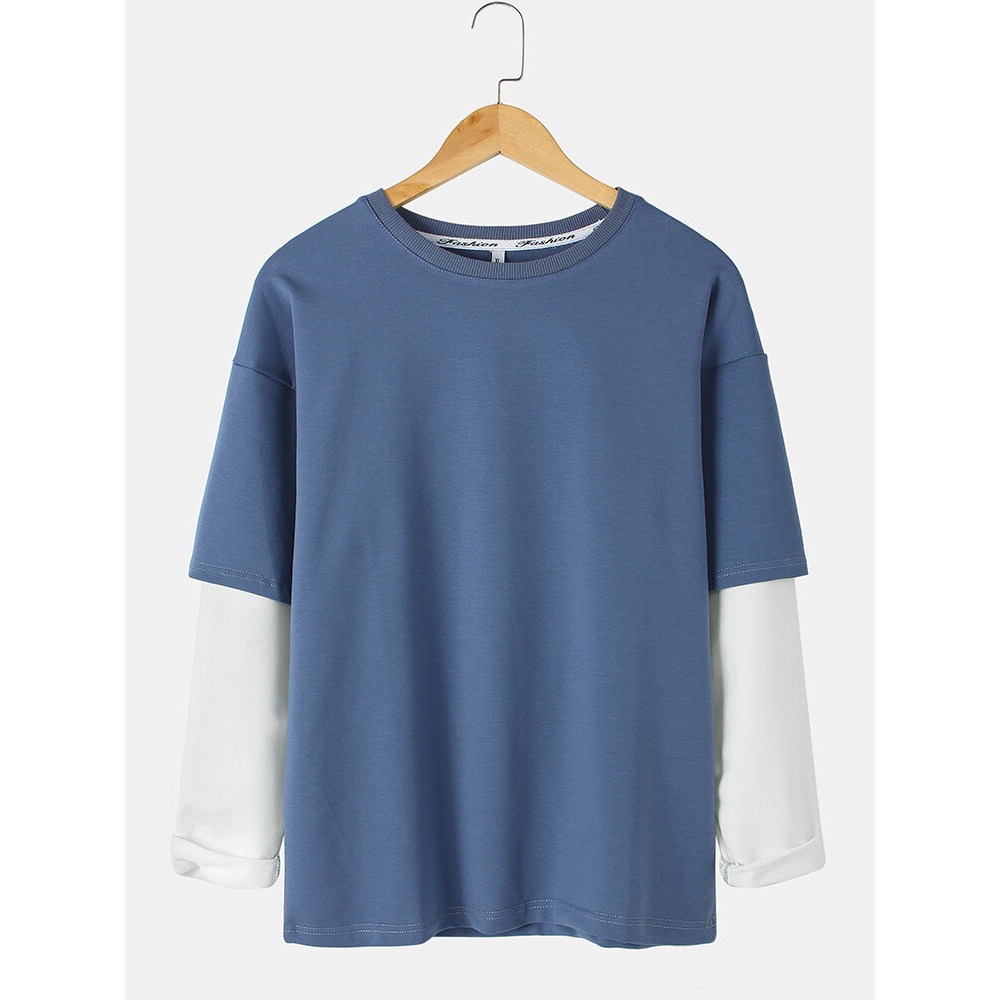 Mens Faux Twinset Two Tone Patchwork Crew Neck Casual Cotton Sweatshirt - White M