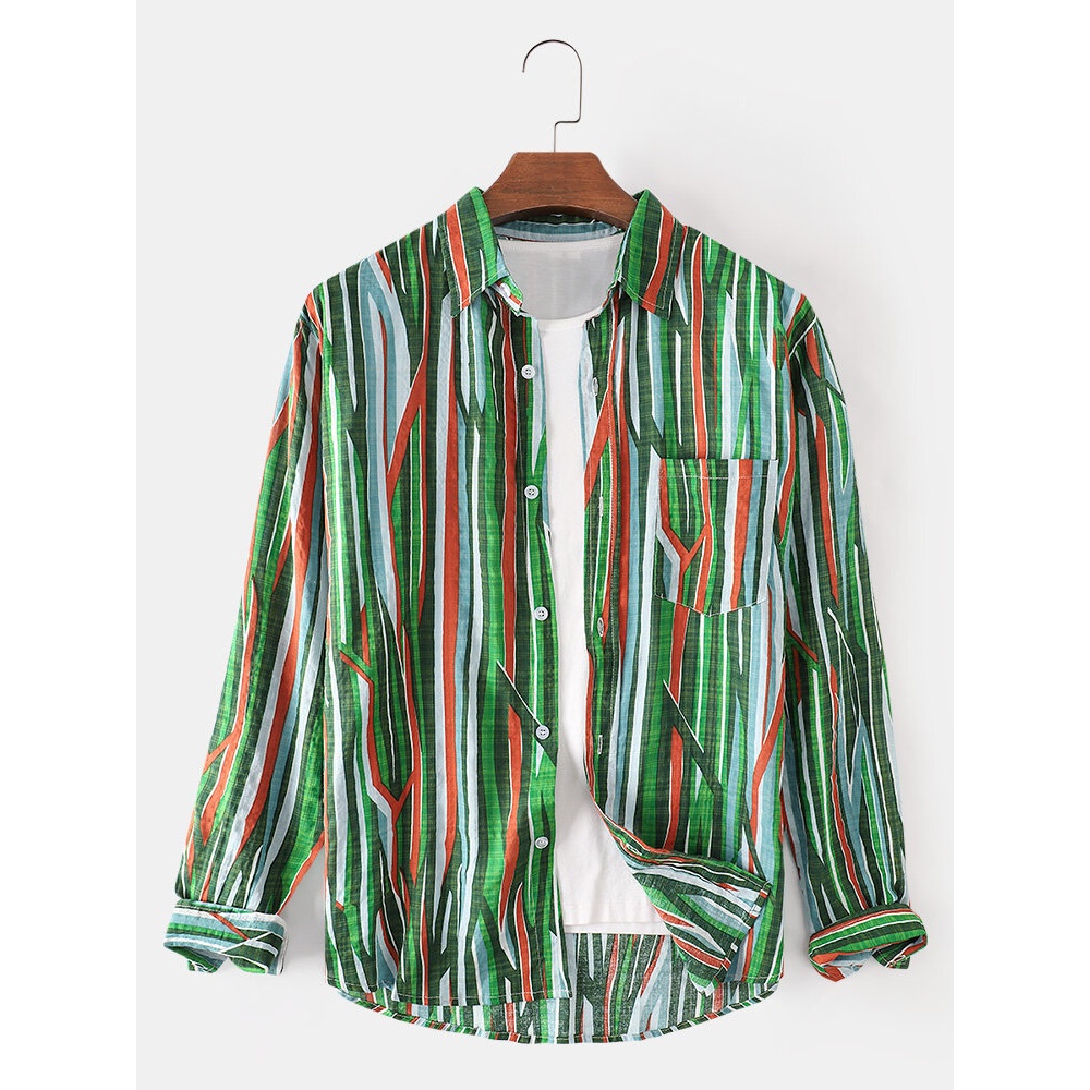 Mens Cotton Design Colorful Stripe Print Long Sleeve Breathable Shirts - Green L