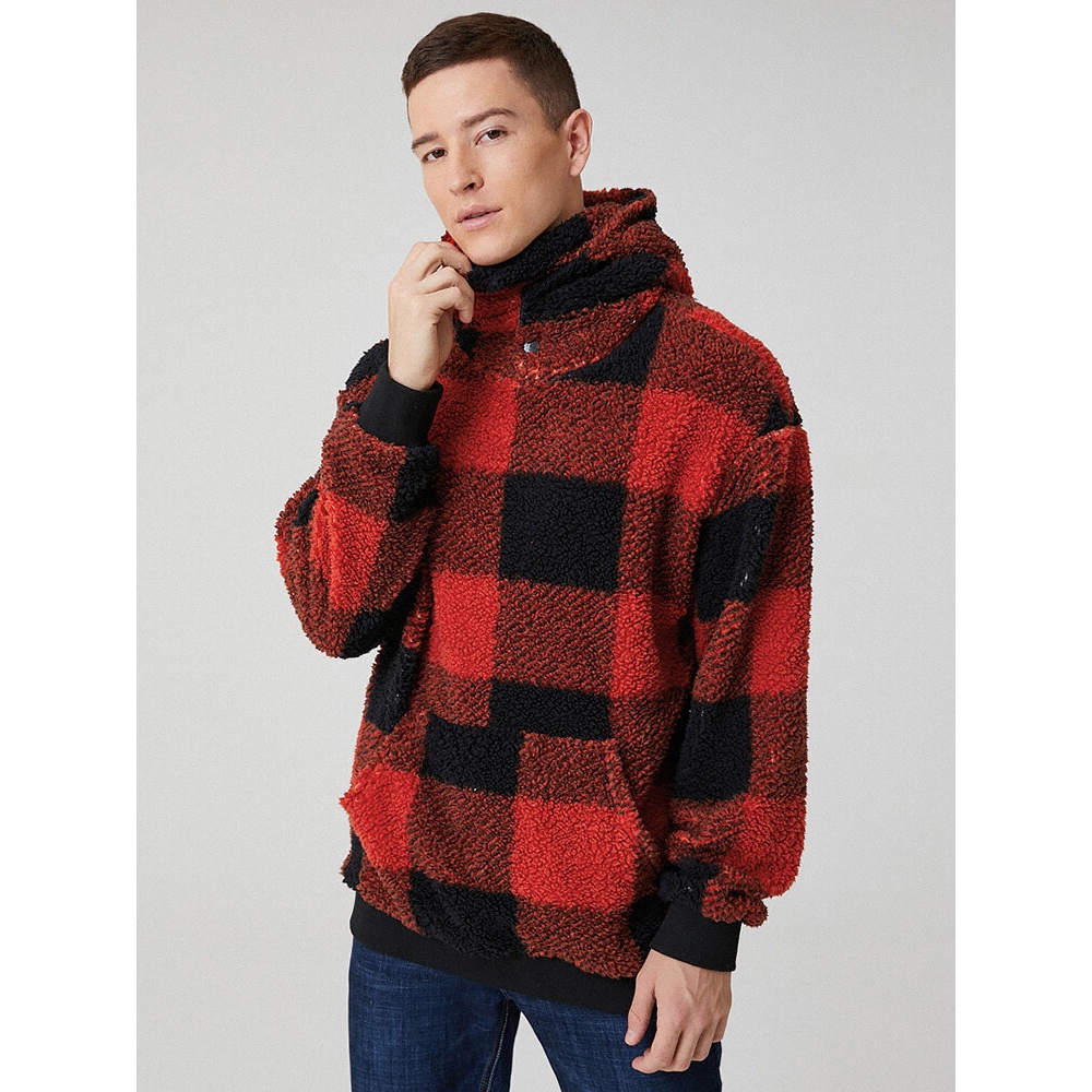 Mens Classic Plaid Plush Kangaroo Pocket Long Sleeve Teddy Hoodies - Red S