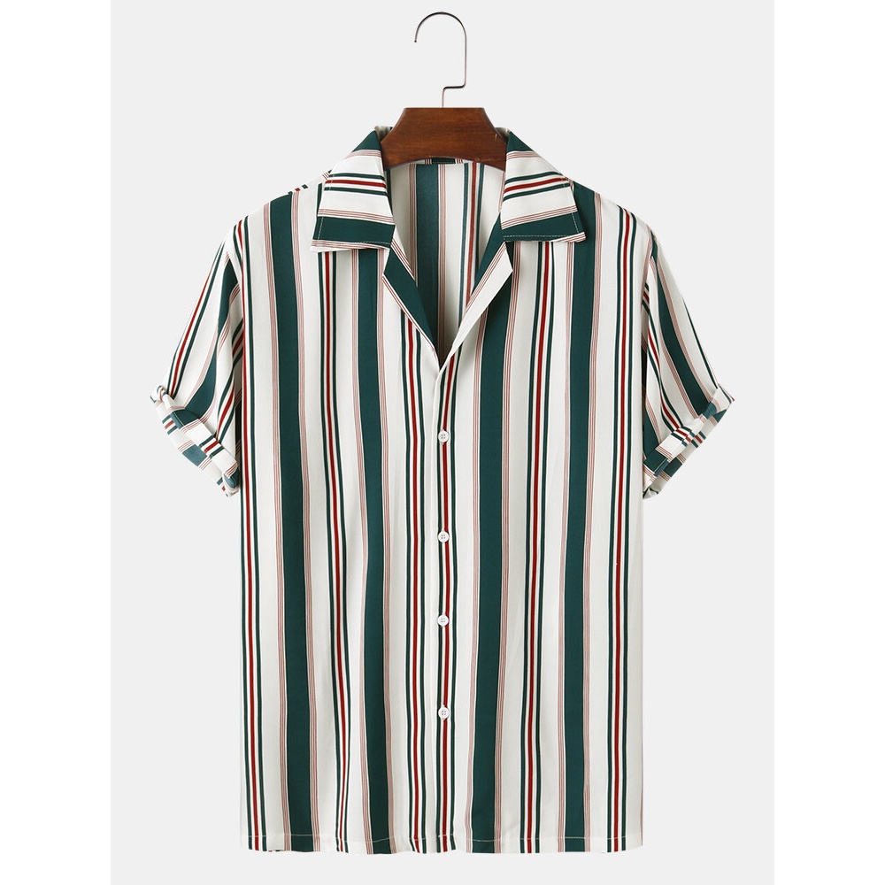 Mens Color Striped Light Casual Revere Collar Short Sleeve Shirts - White S