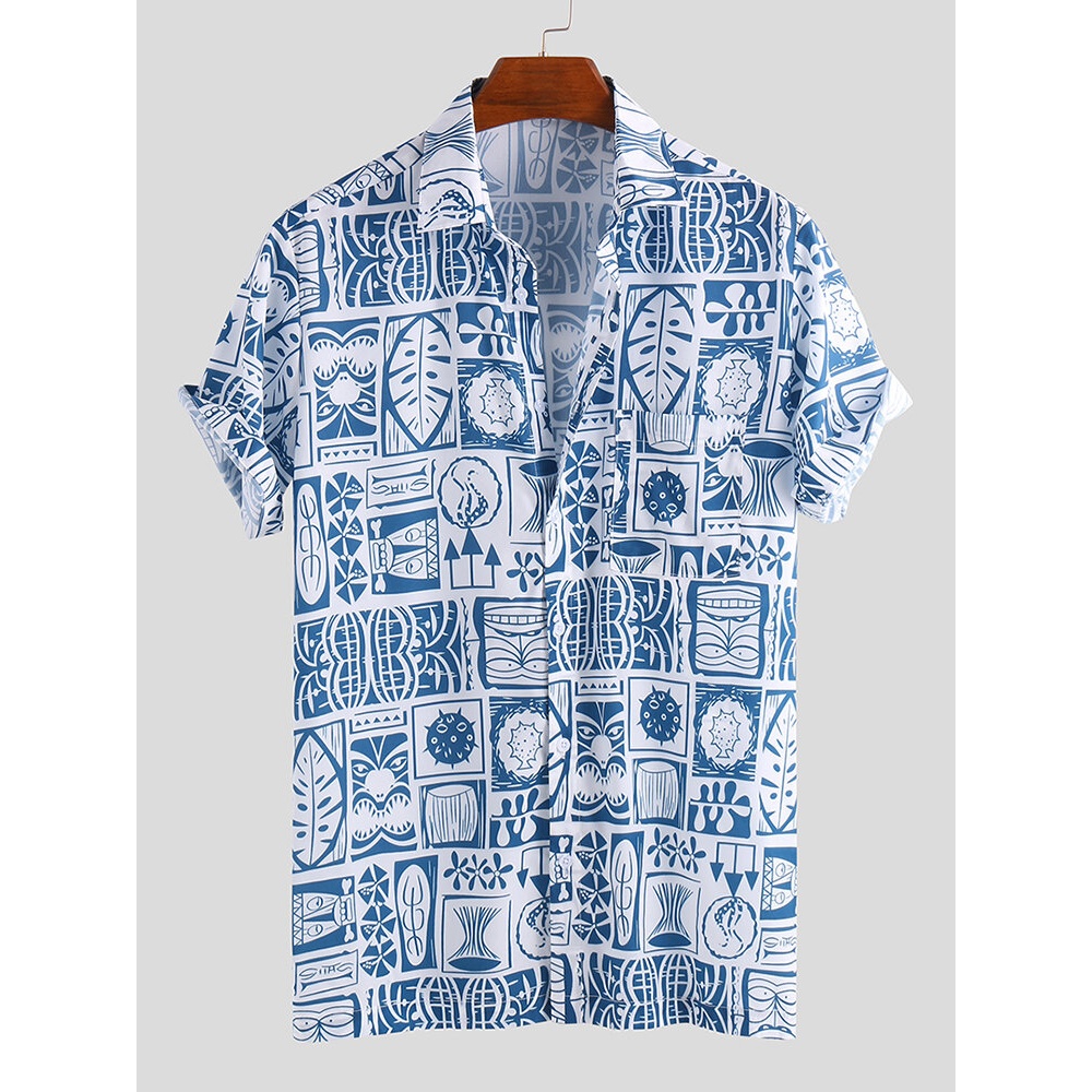 Mens Summer Floral Printed Chest Pocket Turn Down Collar Short Sleeve Loose Casual Shirts - XL Green