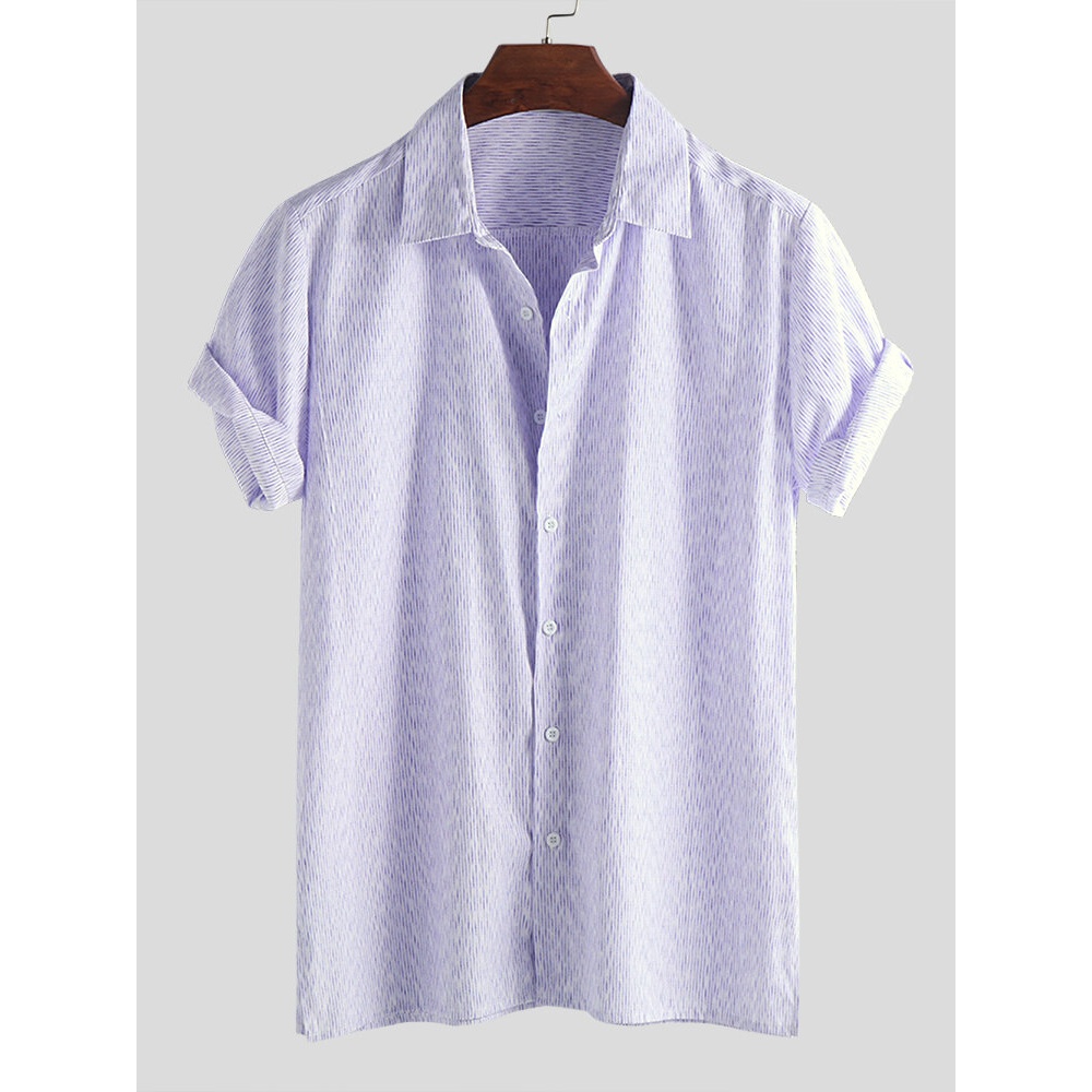 Mens Summer Short Sleeve Striped Casual Loose Shirts - 2XL Purple