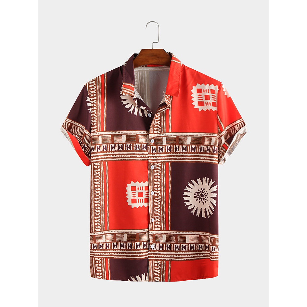 Mens Ethnic Color Block Pattern Printed Shirts - M Red