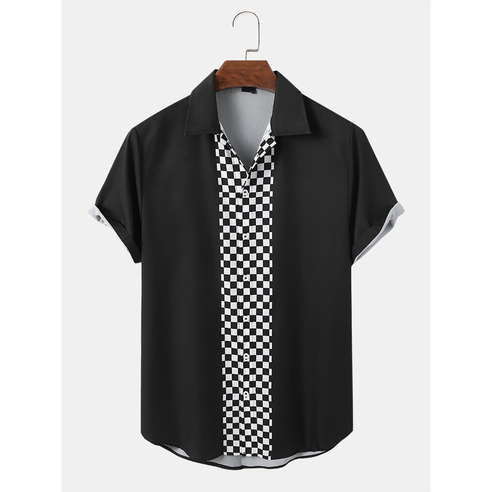 Men Checkerboard Patchwork Color Block Front Buttons Casual Shirts - Black XL