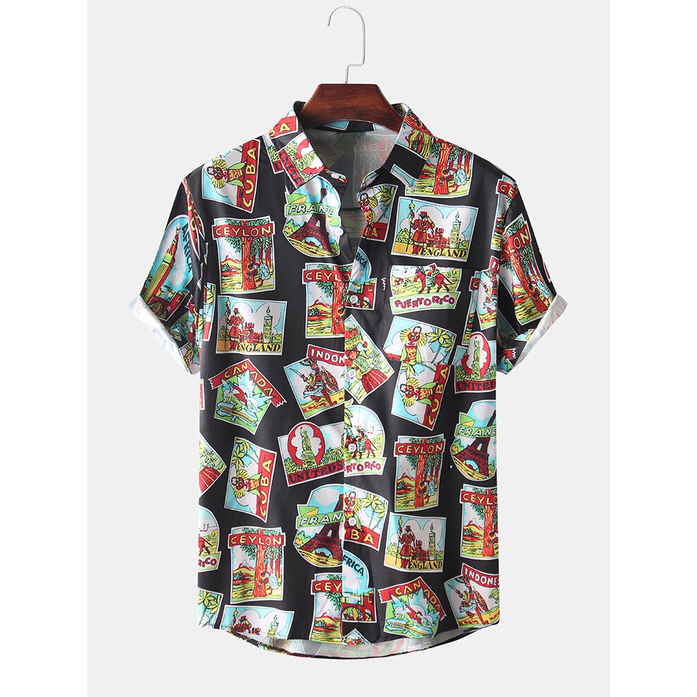 Mens Holiday Style Character Printing Breathable Short Sleeve Casual Shirts - Black M