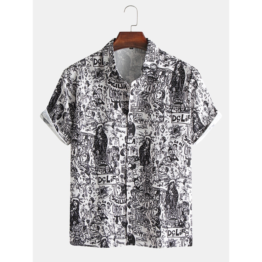 Mens New Digital Printing Short Sleeved Loose Shirts - XL Black