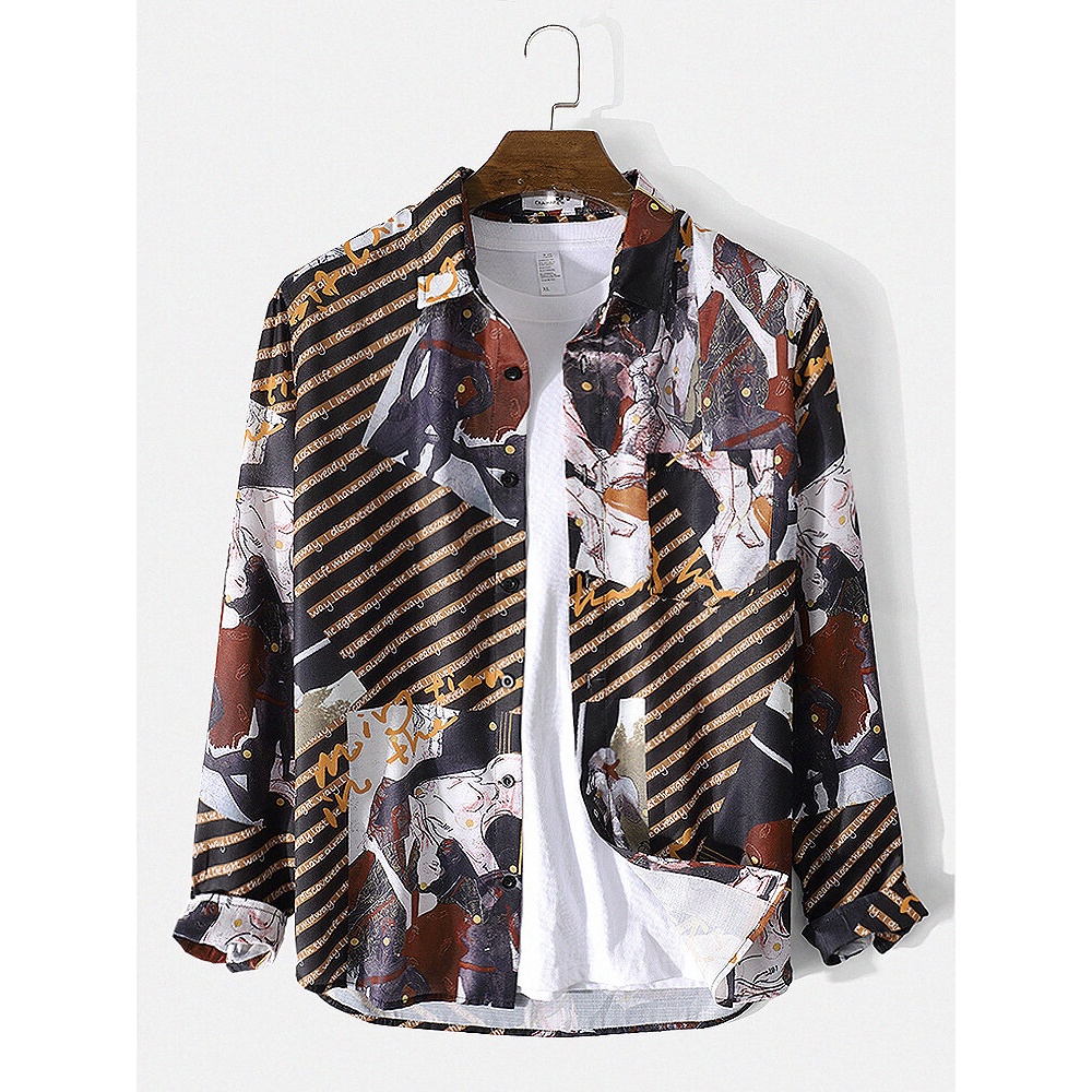 Mens Striped Mixed Pattern Print Lapel Button Up Casual Shirt - Black S