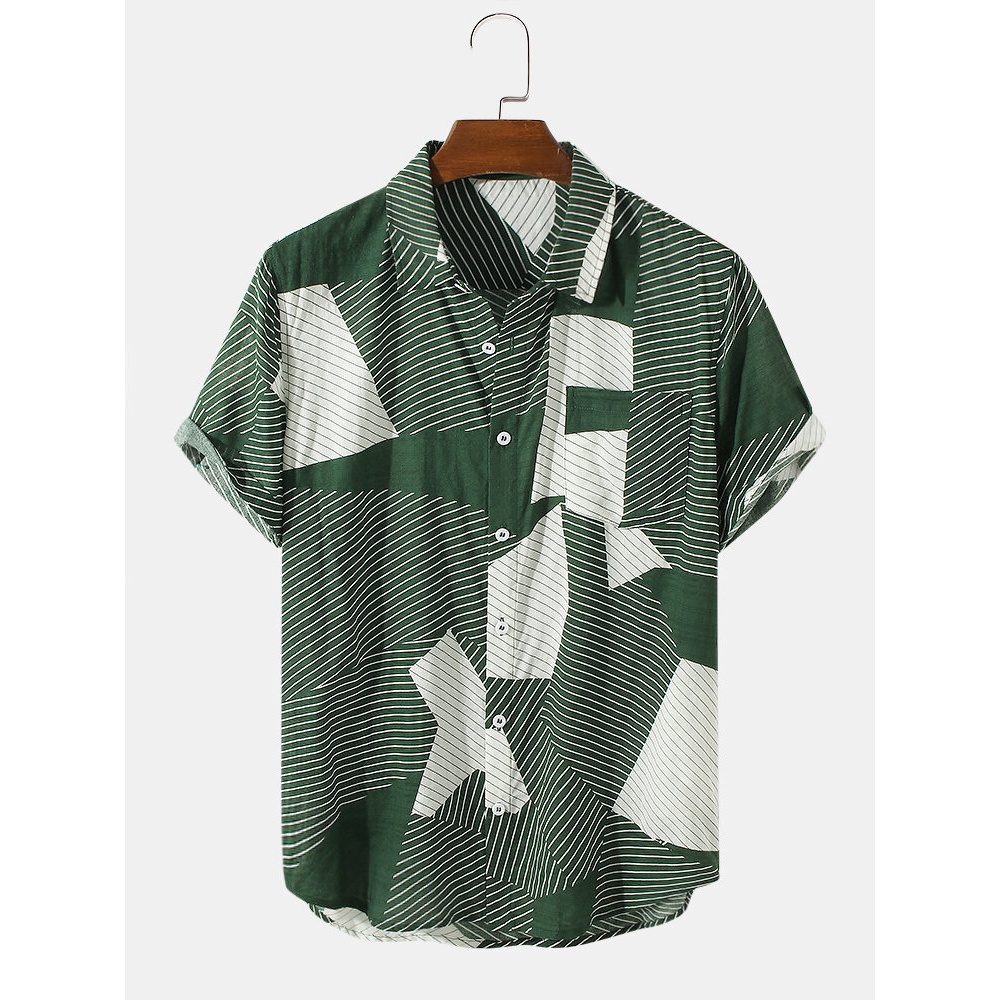 Mens Cotton Irregular Color Block Striped Print Casual Short Sleeve Shirts - Green S