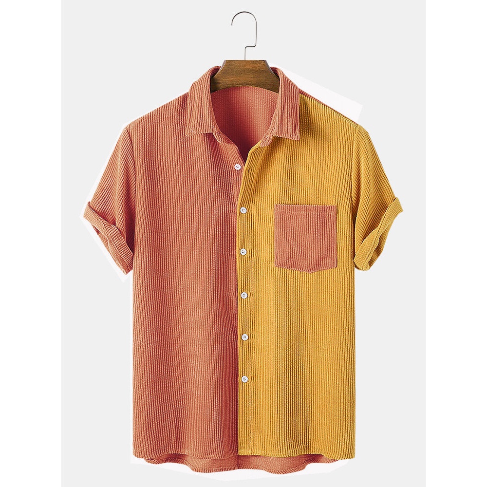 Mens Light Corduroy Patchwork Pocket Breathable Casual Shirts - Pink S