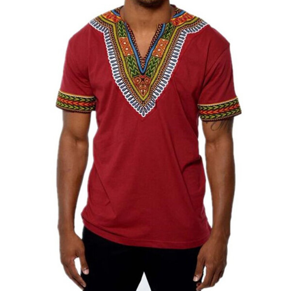 Mens African Ethnic Loose V Neck Printed FashionT-shirts - M White - Image 2