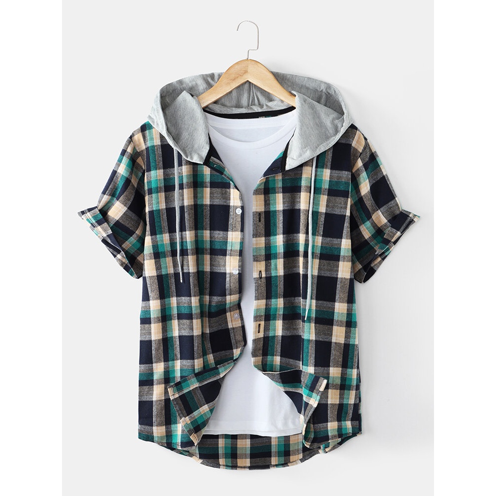 Mens Plaid Button Up Casual Short Sleeve Shirts With Hood - Green S