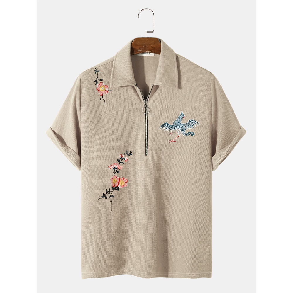 Mens Grain Fleece Flower Bird Embroidery Casual Shirts - Yellow S