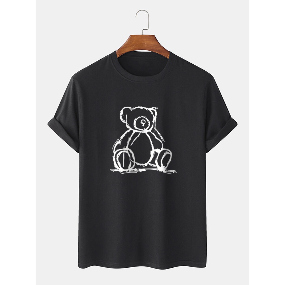 Mens 100% Cotton Stick Figure Bear Print Short Sleeve T-Shirts - Black L