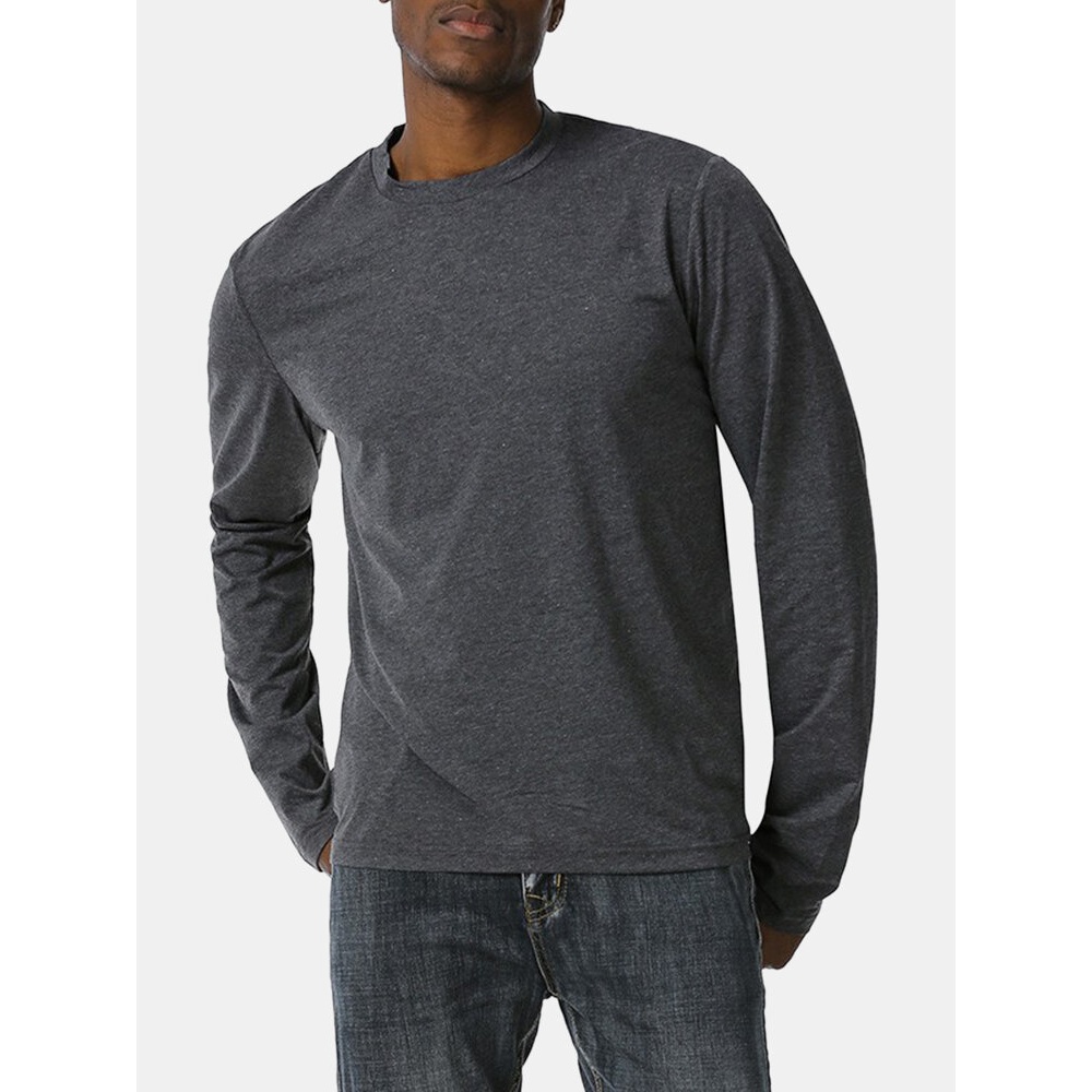 Mens Sinple Round Neck Solid Color Long Sleeve High-low Hem T-Shirts - Black S