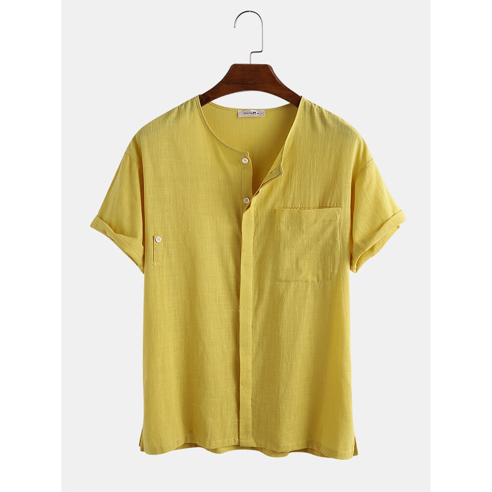 Mens 100% Cotton Solid Color Chest Pocket Hidden Button Casual Shirts - Green M