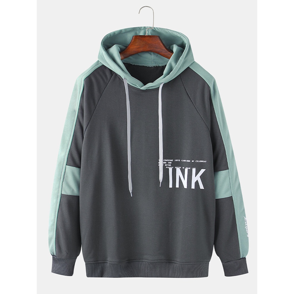 Mens Letter Text Print Patchwork Casual Loose Fit Drawstring Hoodies - Black XL