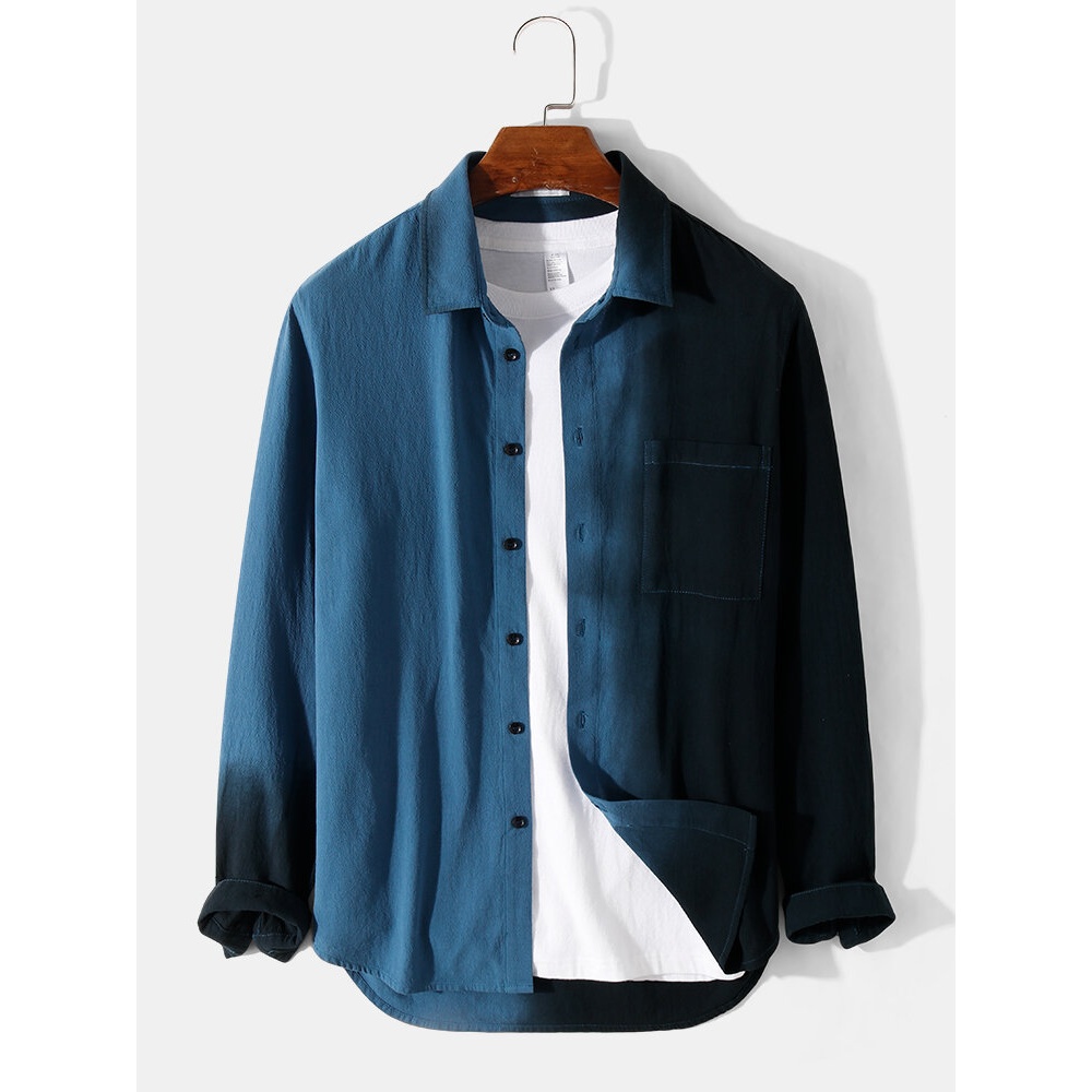 Mens Contrast 100% Cotton Lapel Chest Pocket Casual Long Sleeve Shirts - Blue S