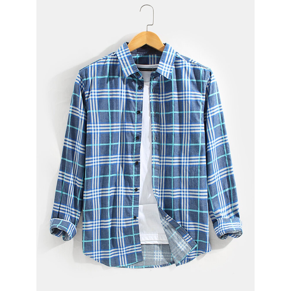 Mens Plaid Button Up Long Sleeve Casual Cotton Shirts - Blue M