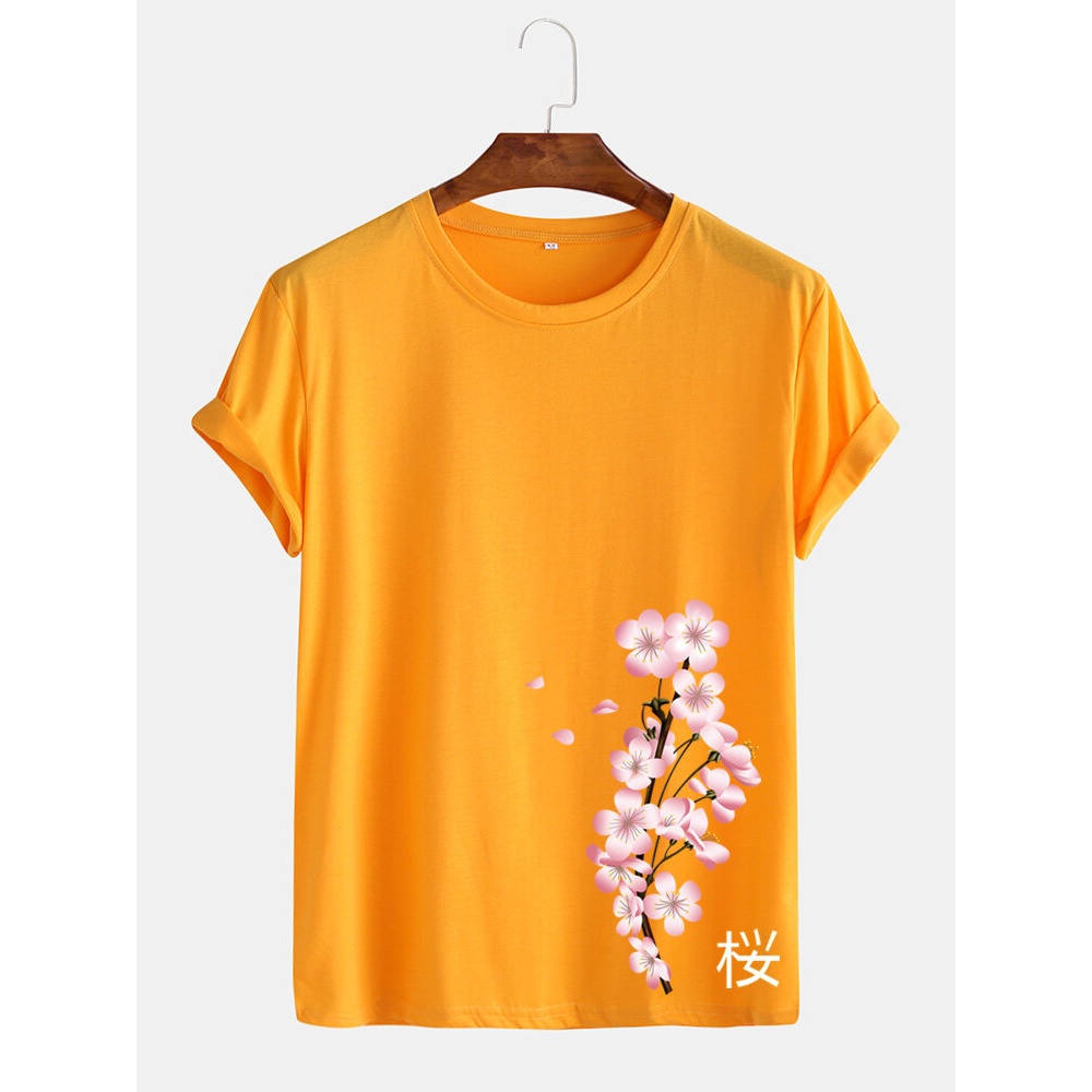 Mens Cherry Print Japanese Style O-Neck Short Sleeve T-Shirt - Yellow S