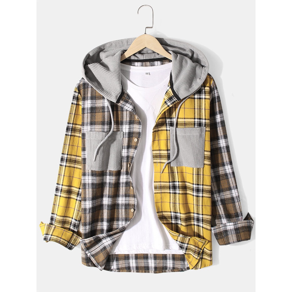 Mens Patchwork Plaid Cotton Double Pocket Casual Long Sleeve Drawstring Hooded Shirts - Yellow S