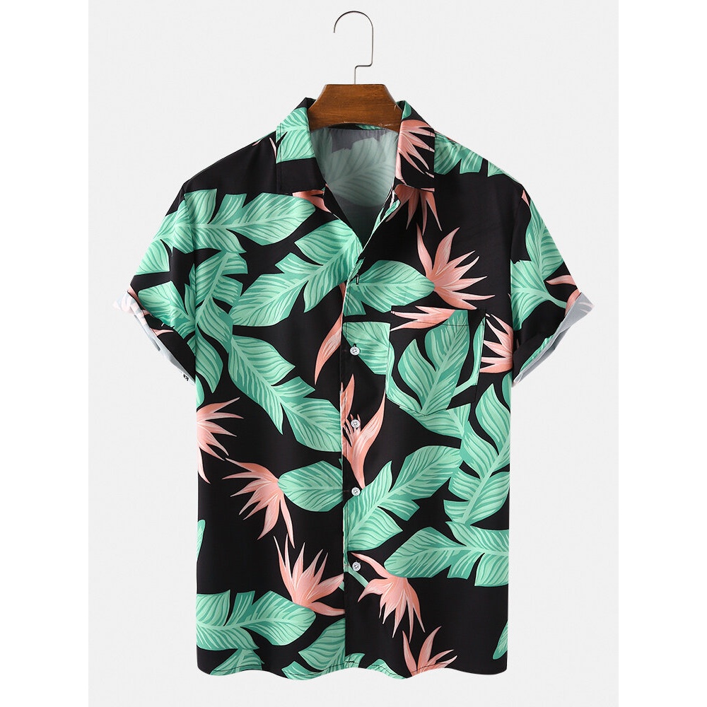 Mens Holiday Tropical Plant Leaves Print Hawaii Casual Button Up Short Sleeve Shirts - Green S