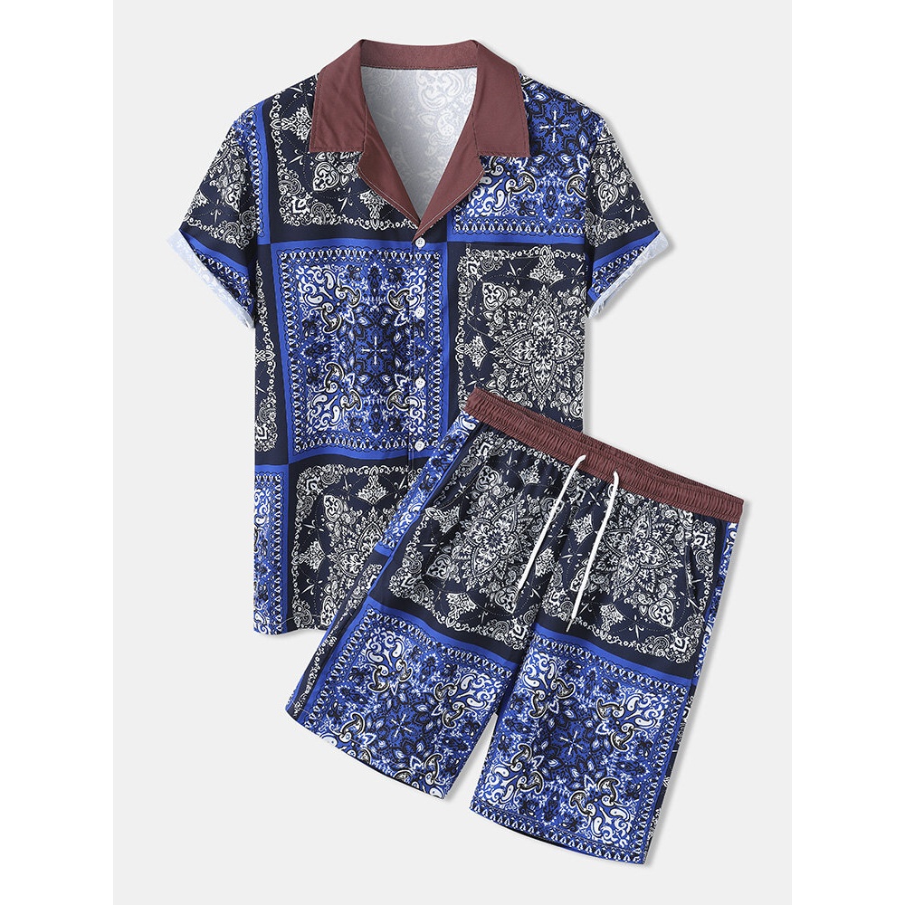Mens Baroque Print Colorblock Revere Collar Two Piece Outfits - Blue S