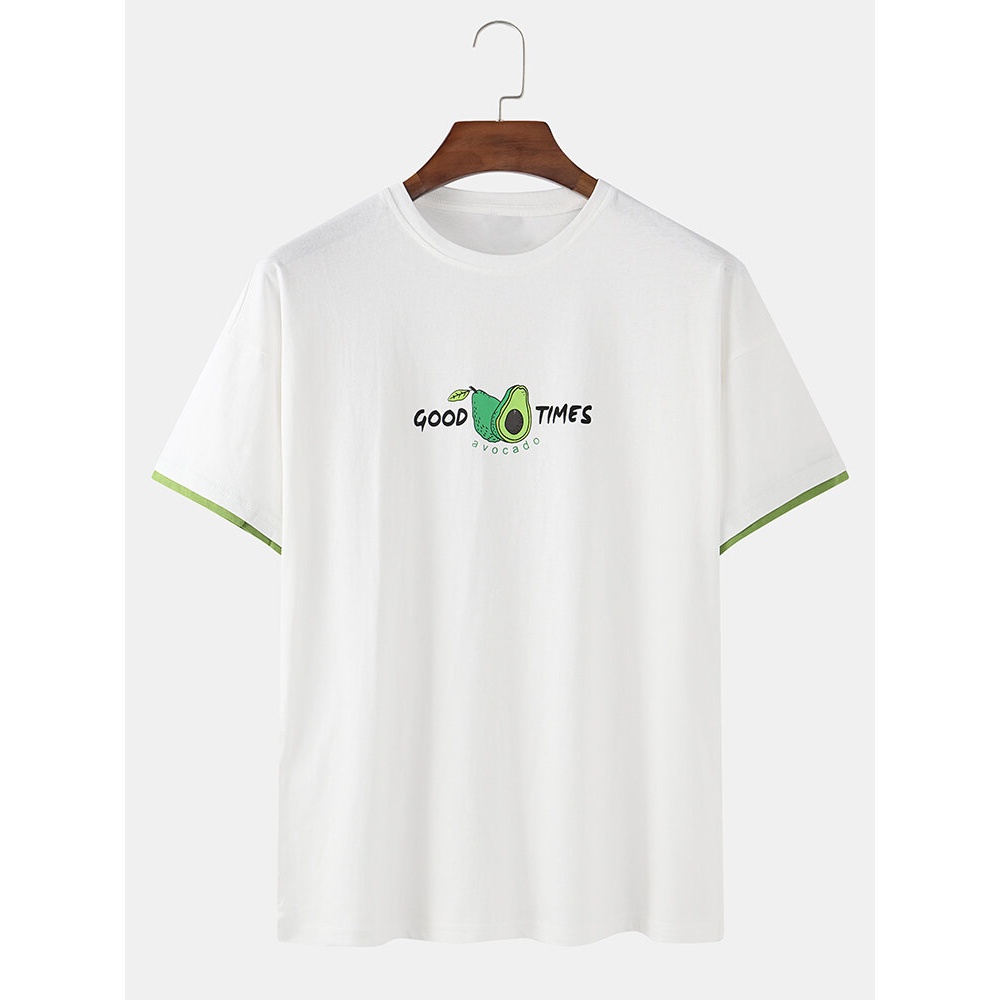 Cotton Avocado Pattern Text Print Round Neck Casual Short Sleeve T-Shirts - White M