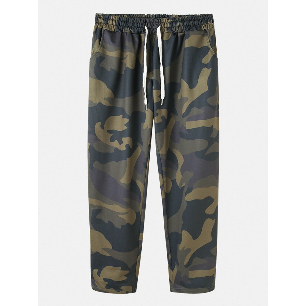 Cotton Mens Camouflage Drawstring Casual Pants With Pocket - Army Green S