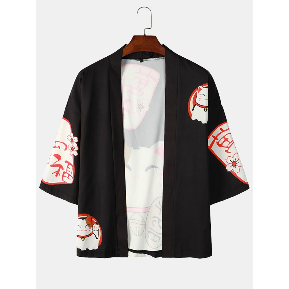 Mens Japanese Lucky Cat Floral Print Open Front Loose Kimono - Black S