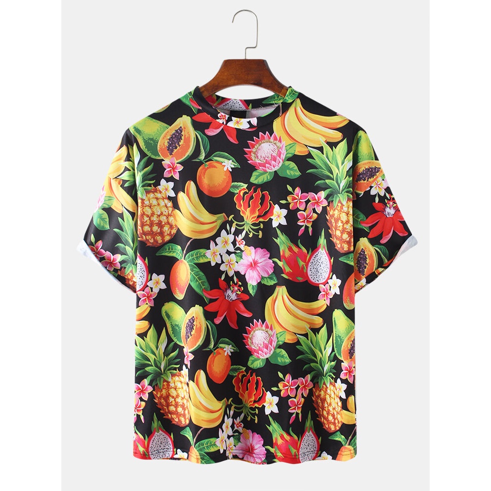 Mens Cotton Multi Fruits Print Casual Short Sleeve T-Shirts - Black M