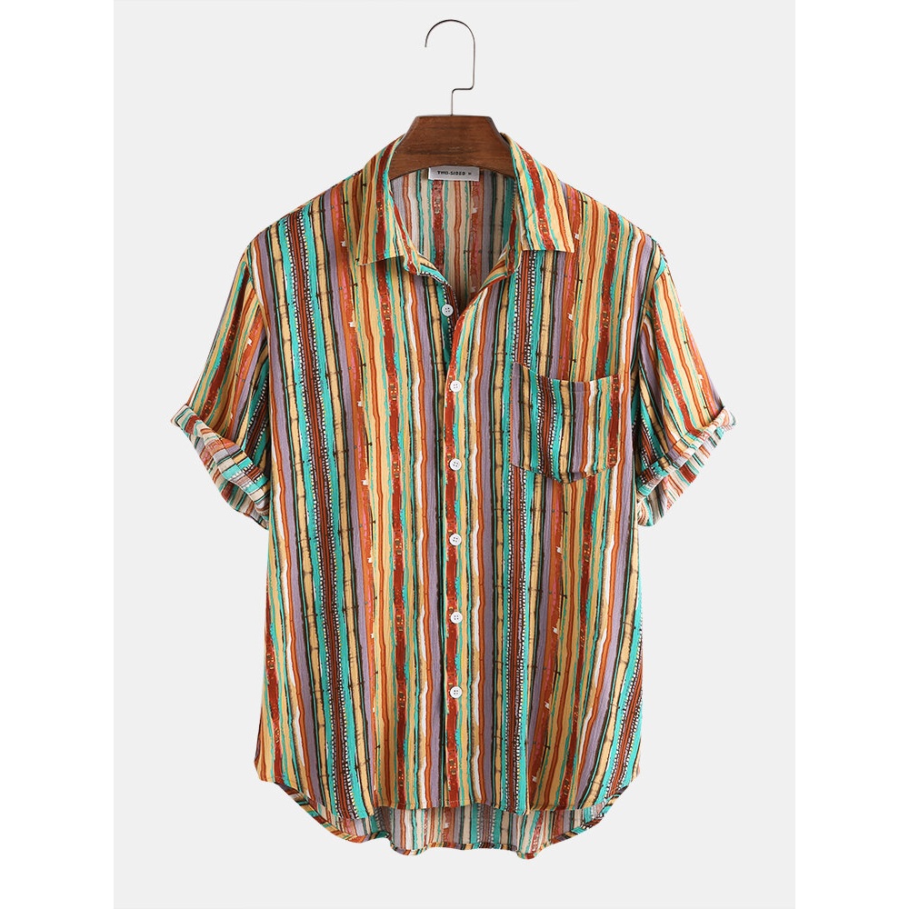 Mens Cotton Colorful Striped Pocket Short Sleeve Shirts - 3XL Yellow